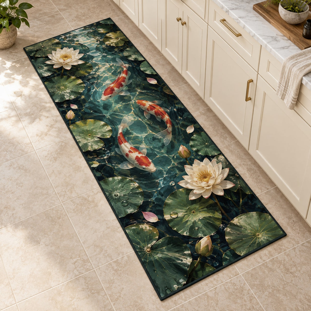 Celestial Koi Kitchen Rug with dimensional printed themed artwork; representative AI-generated mockup.