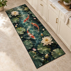 Celestial Koi Kitchen Rug with dimensional printed themed artwork; representative AI-generated mockup.