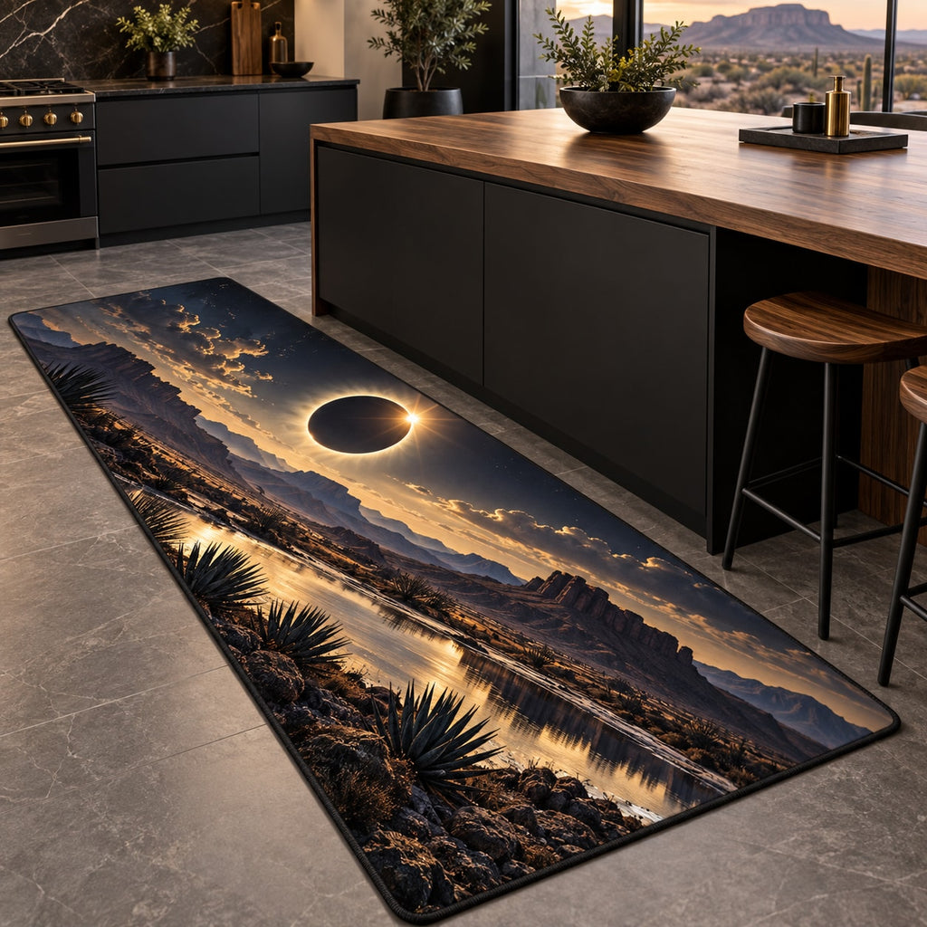 Solar Eclipse Kitchen Rug with dimensional printed themed artwork; representative AI-generated mockup.