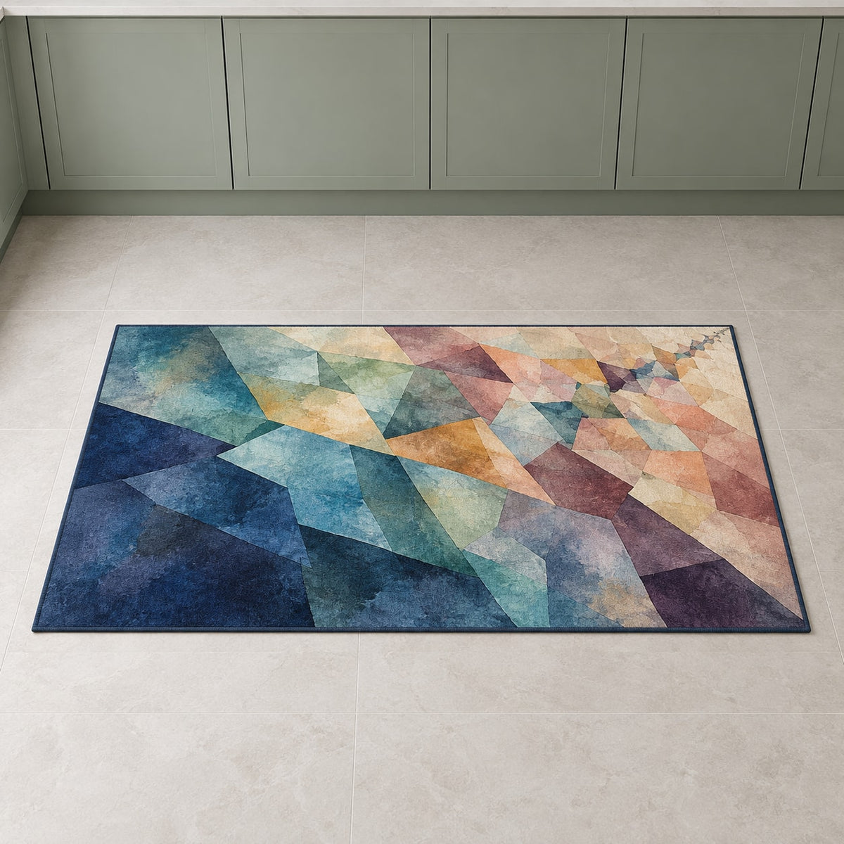 Pigment Veilcascade Kitchen Rug with dimensional printed themed artwork; representative AI-generated mockup.