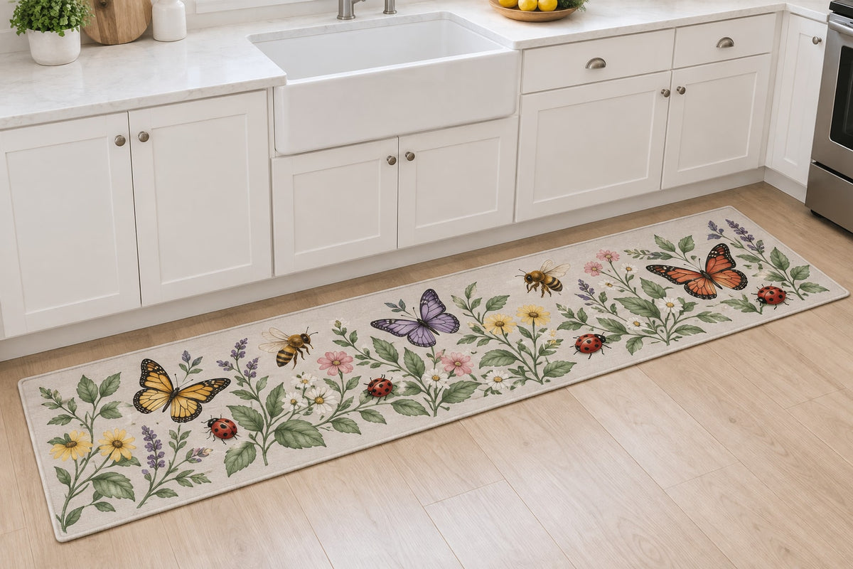 Garden Insect Counting Kitchen Rug with dimensional printed themed artwork; representative AI-generated mockup.