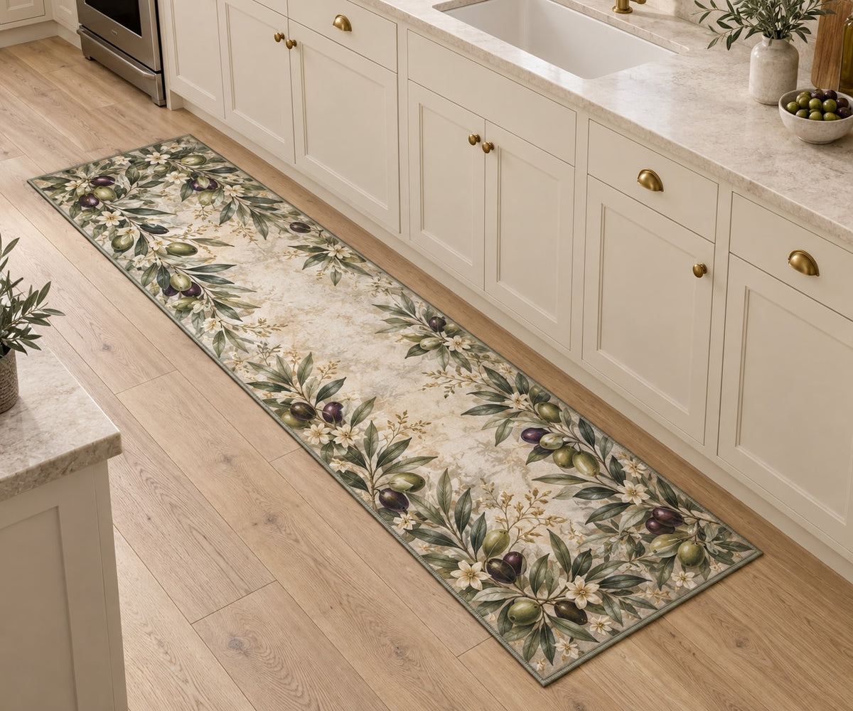 Olive Grove Botanical Kitchen Rug with dimensional printed themed artwork; representative AI-generated mockup.