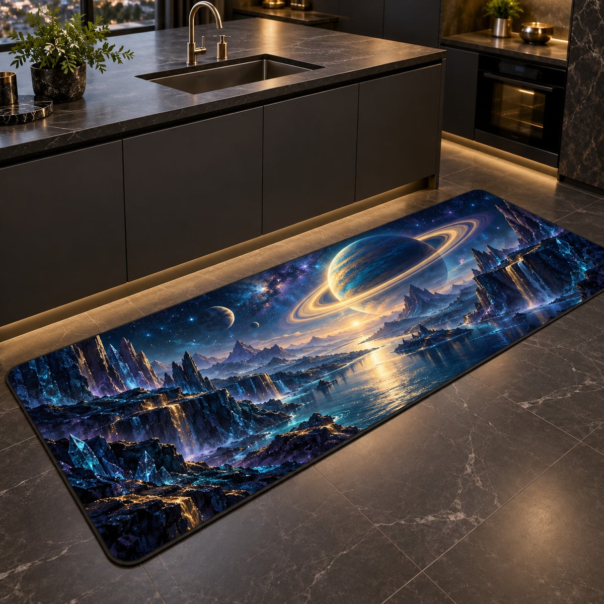 Ringed Planet Kitchen Rug with dimensional printed themed artwork; representative AI-generated mockup.