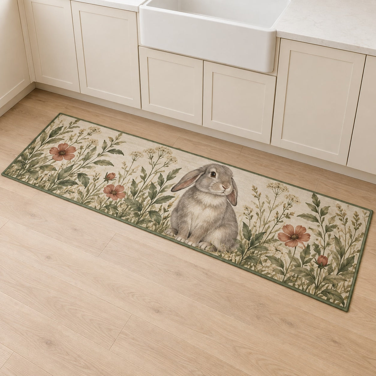 House Rabbit Companion Kitchen Rug with dimensional printed themed artwork; representative AI-generated mockup.