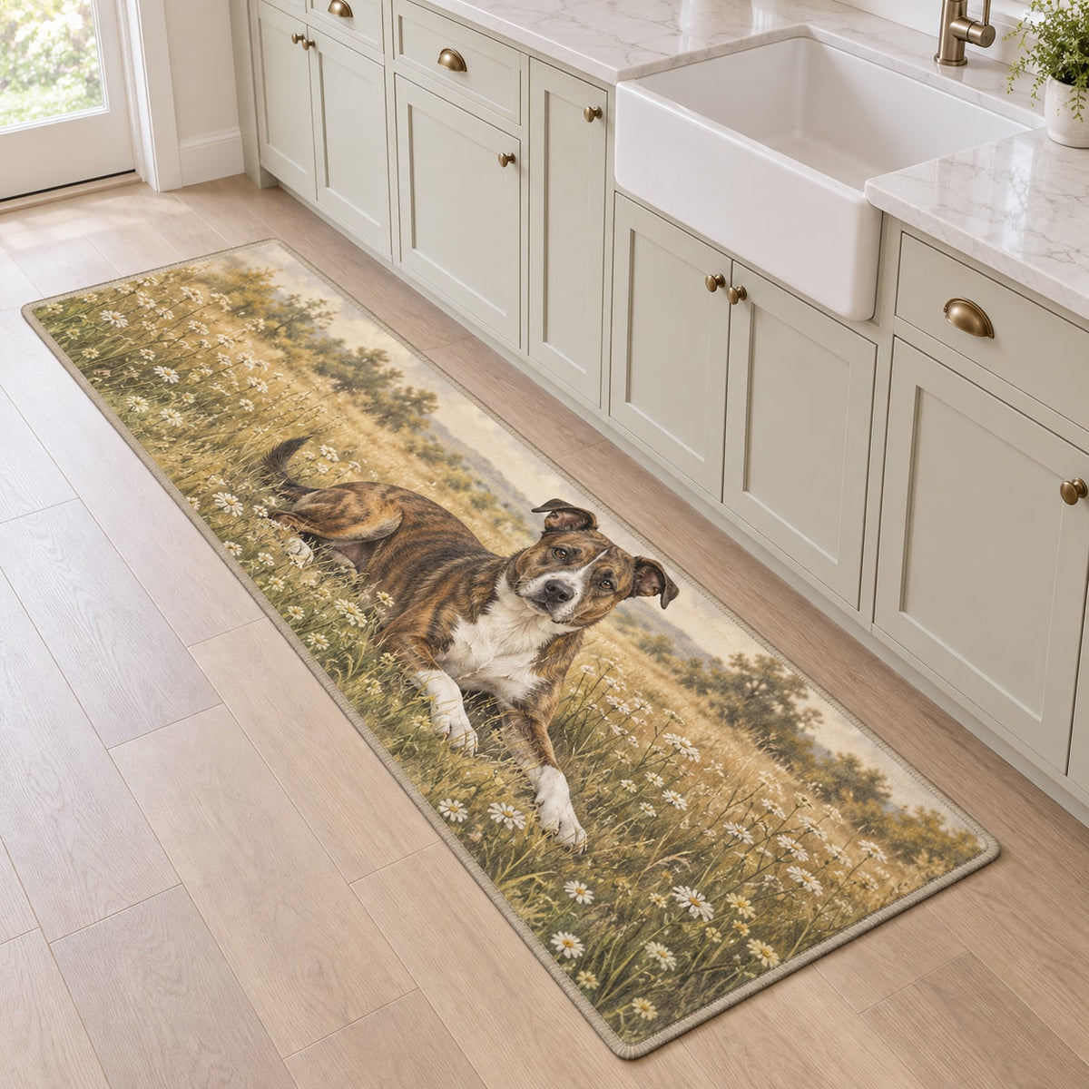 Rescue Mixed Breed Dog Kitchen Rug with dimensional printed themed artwork; representative AI-generated mockup.