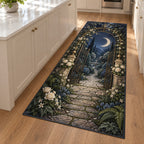 Moon Garden Gate Kitchen Rug with dimensional printed themed artwork; representative AI-generated mockup.