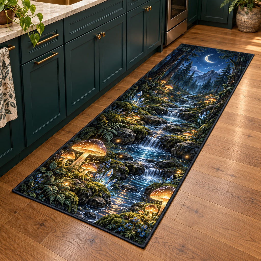 Celestial Mushroom Forest Kitchen Rug with dimensional printed themed artwork; representative AI-generated mockup.