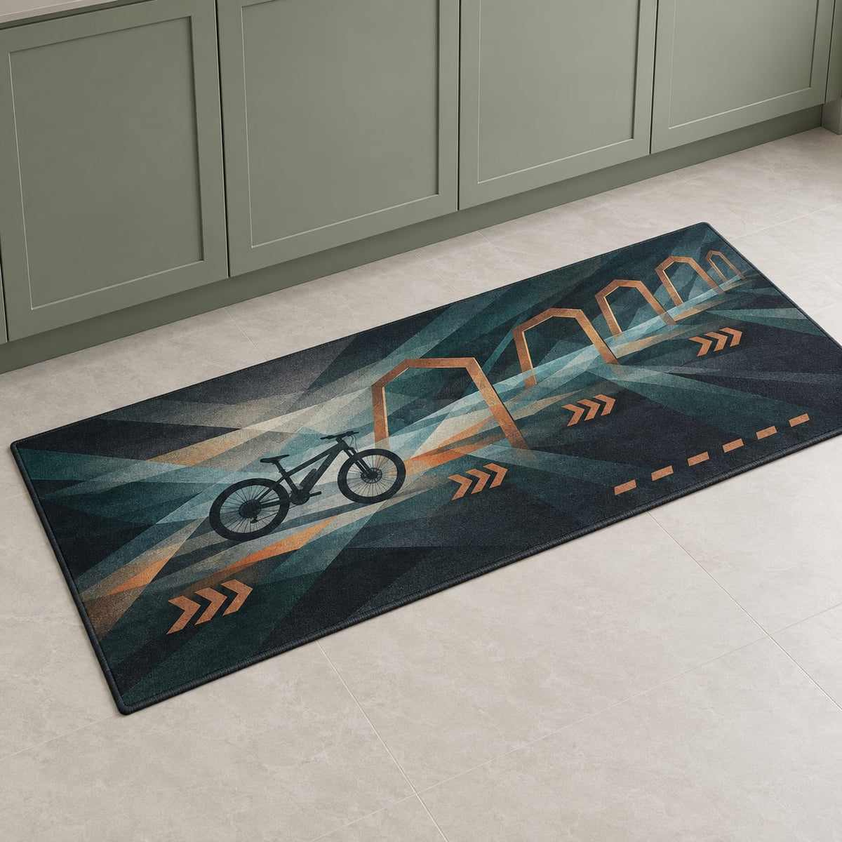 Switchback Ember Traverse Kitchen Rug with dimensional printed themed artwork; representative AI-generated mockup.