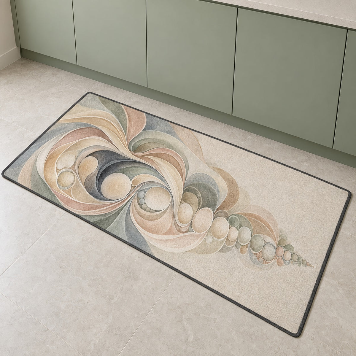Prismatic Soapfold Cascade Kitchen Rug with dimensional printed themed artwork; representative AI-generated mockup.