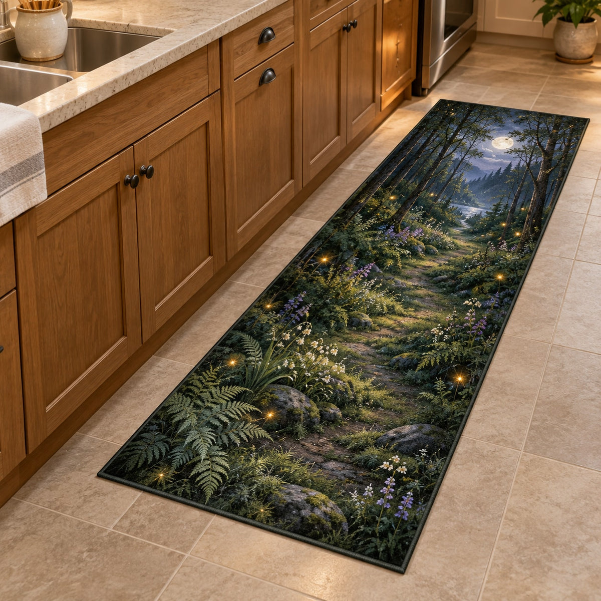 Firefly Clearing Kitchen Rug with dimensional printed themed artwork; representative AI-generated mockup.