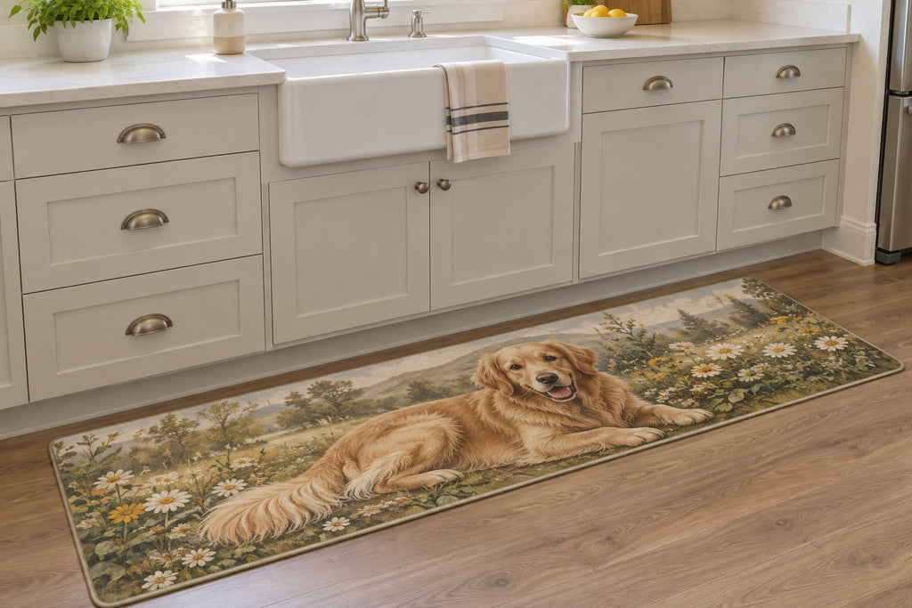 Golden Retriever Kitchen Rug with dimensional printed themed artwork; representative AI-generated mockup.