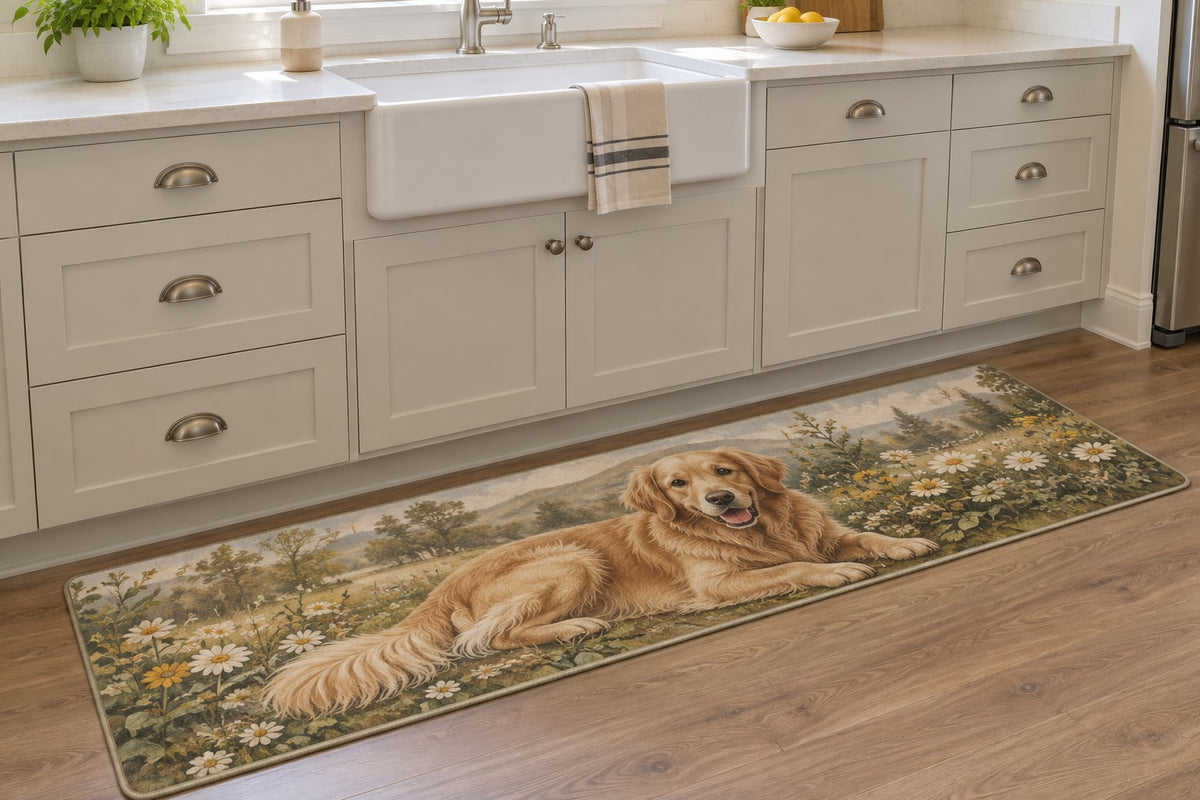 Golden Retriever Kitchen Rug with dimensional printed themed artwork; representative AI-generated mockup.