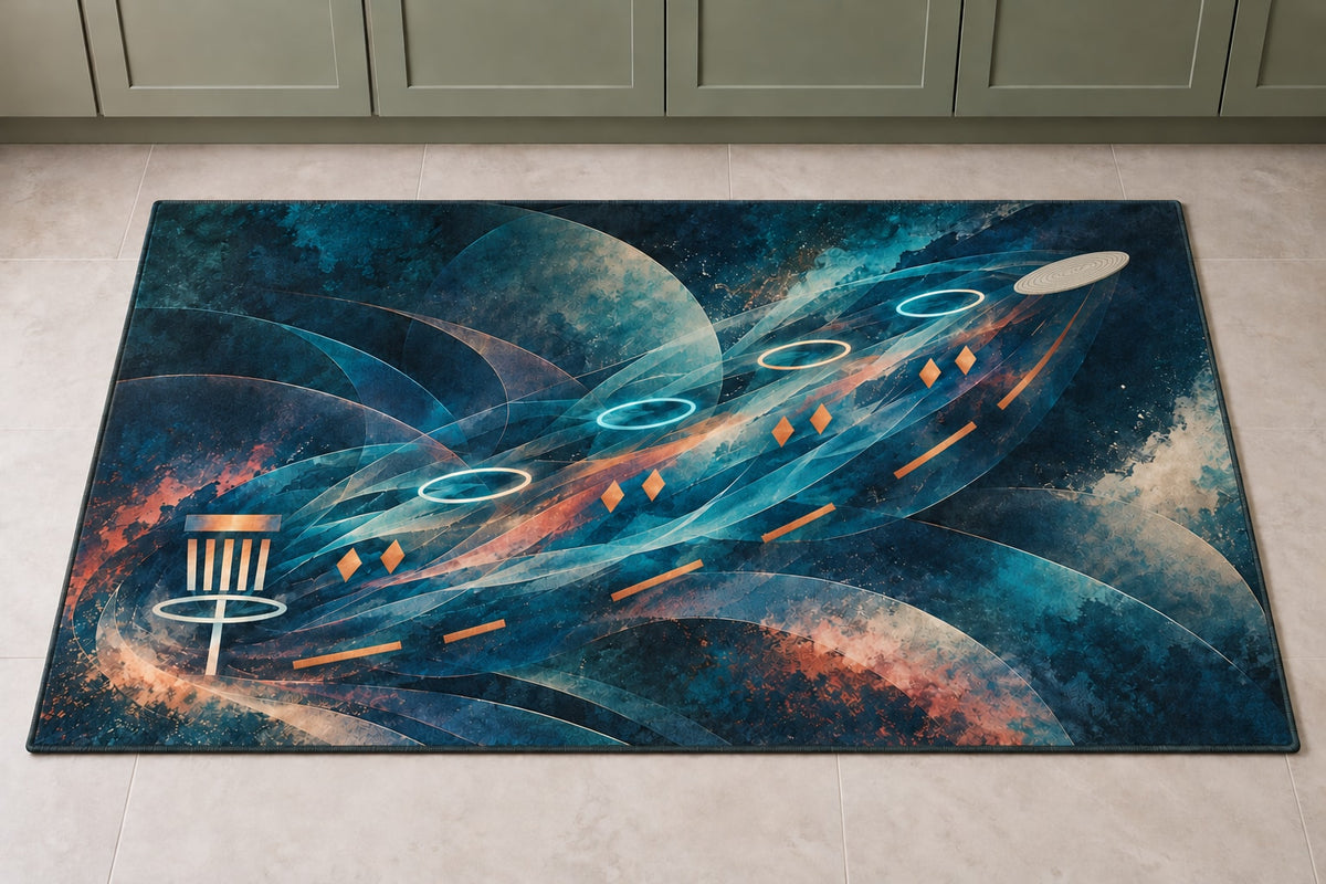 Aerochain Meridian Kitchen Rug with dimensional printed themed artwork; representative AI-generated mockup.