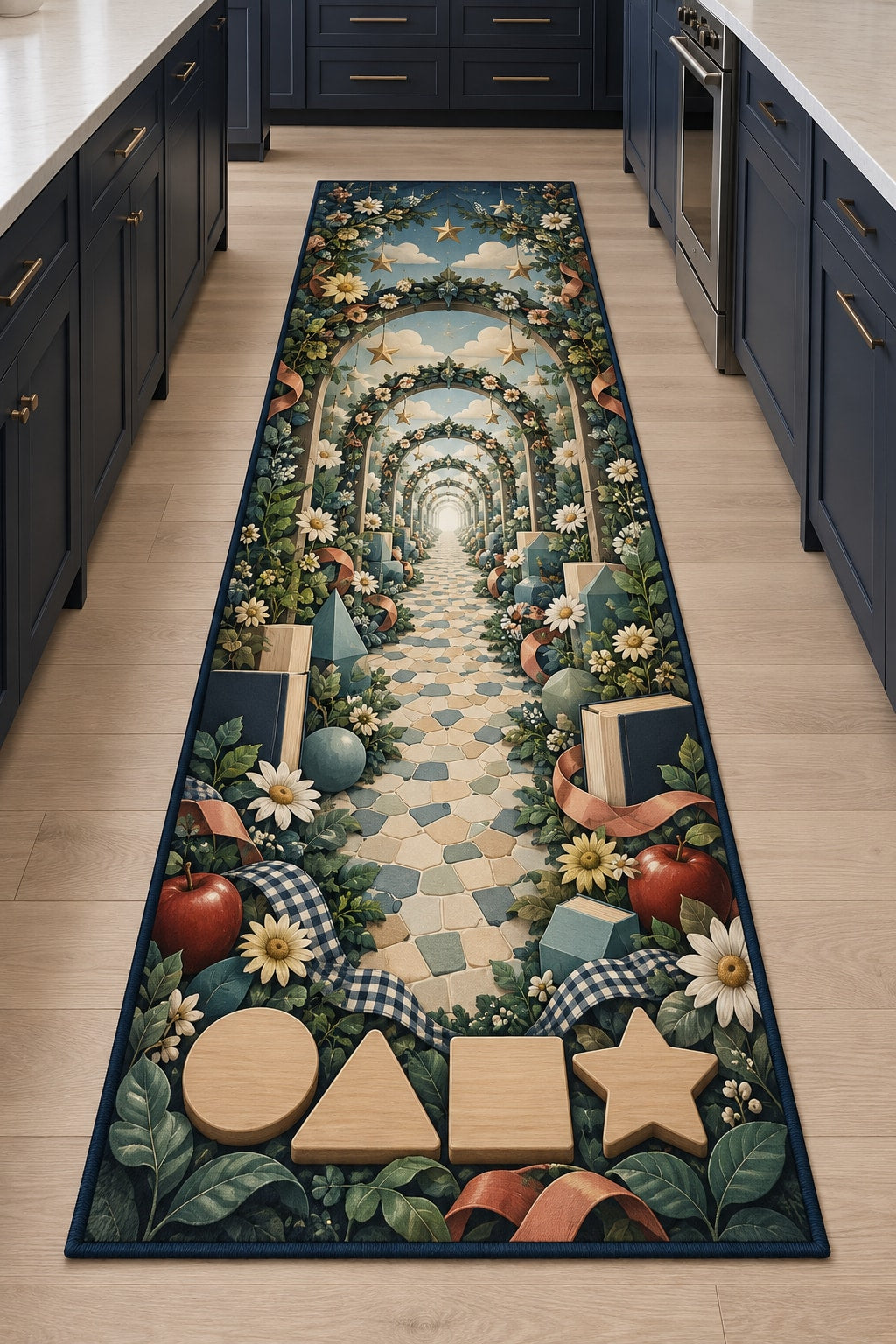 Inclusive Learning Sanctuary Kitchen Rug with dimensional printed themed artwork; representative AI-generated mockup.