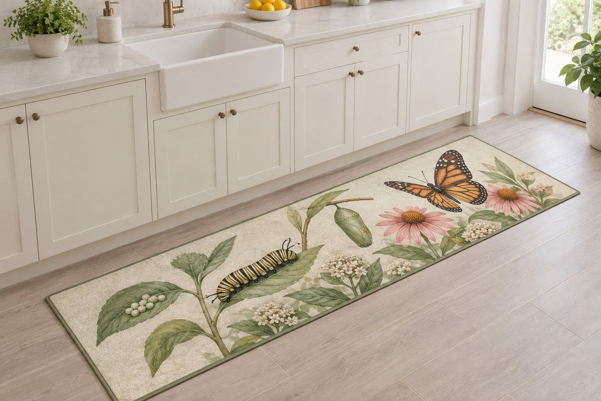 Butterfly Life Stages Kitchen Rug with dimensional printed themed artwork; representative AI-generated mockup.