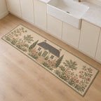 Cottage Garden House Portrait Kitchen Rug with dimensional printed themed artwork; representative AI-generated mockup.