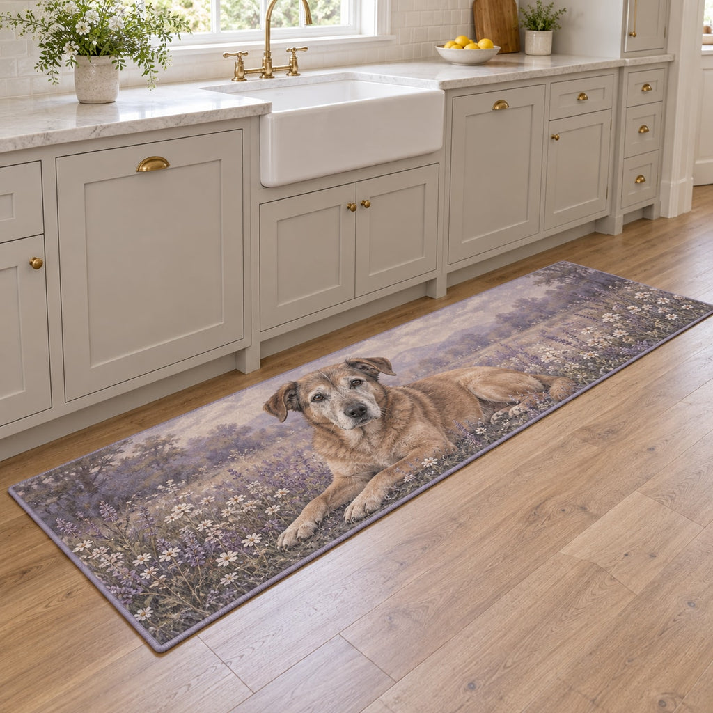 Senior Dog Companion Kitchen Rug with dimensional printed themed artwork; representative AI-generated mockup.