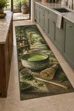 Matcha Ritual Kitchen Rug with dimensional printed themed artwork; representative AI-generated mockup.