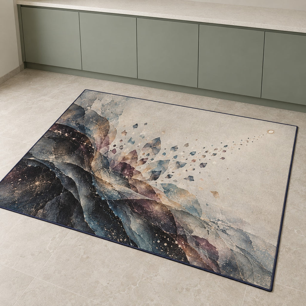 Silvergrain Afterimage Kitchen Rug with dimensional printed themed artwork; representative AI-generated mockup.