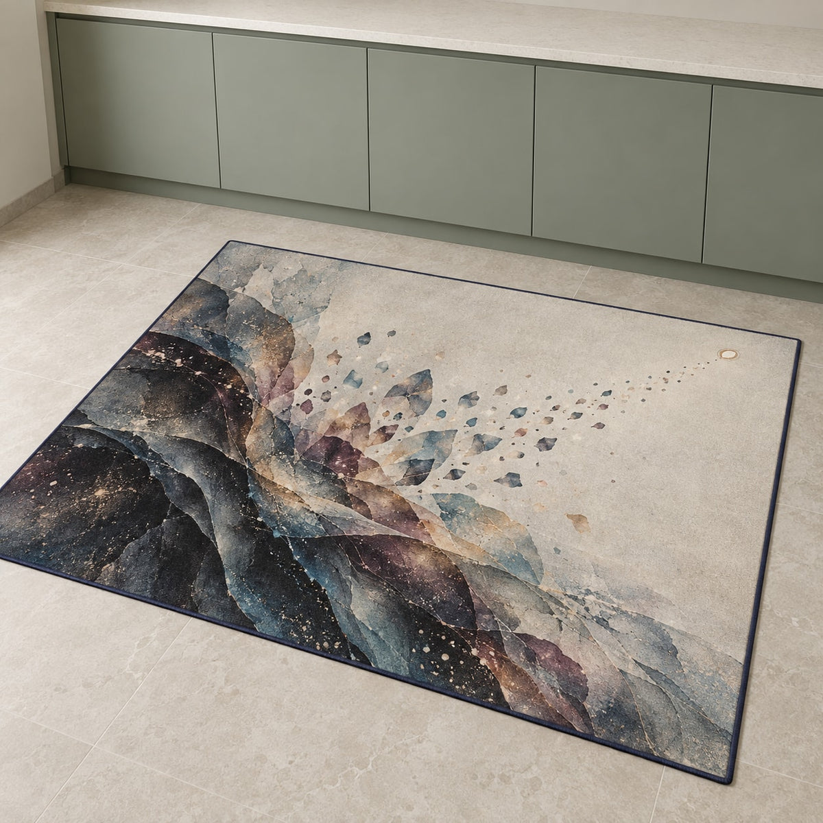 Silvergrain Afterimage Kitchen Rug with dimensional printed themed artwork; representative AI-generated mockup.