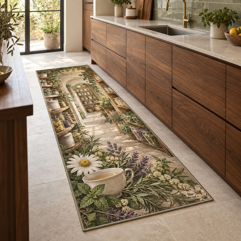 Herbal Tea Shelf Kitchen Rug with dimensional printed themed artwork; representative AI-generated mockup.