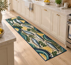 Sardine Tin Illustration Kitchen Rug with dimensional printed themed artwork; representative AI-generated mockup.