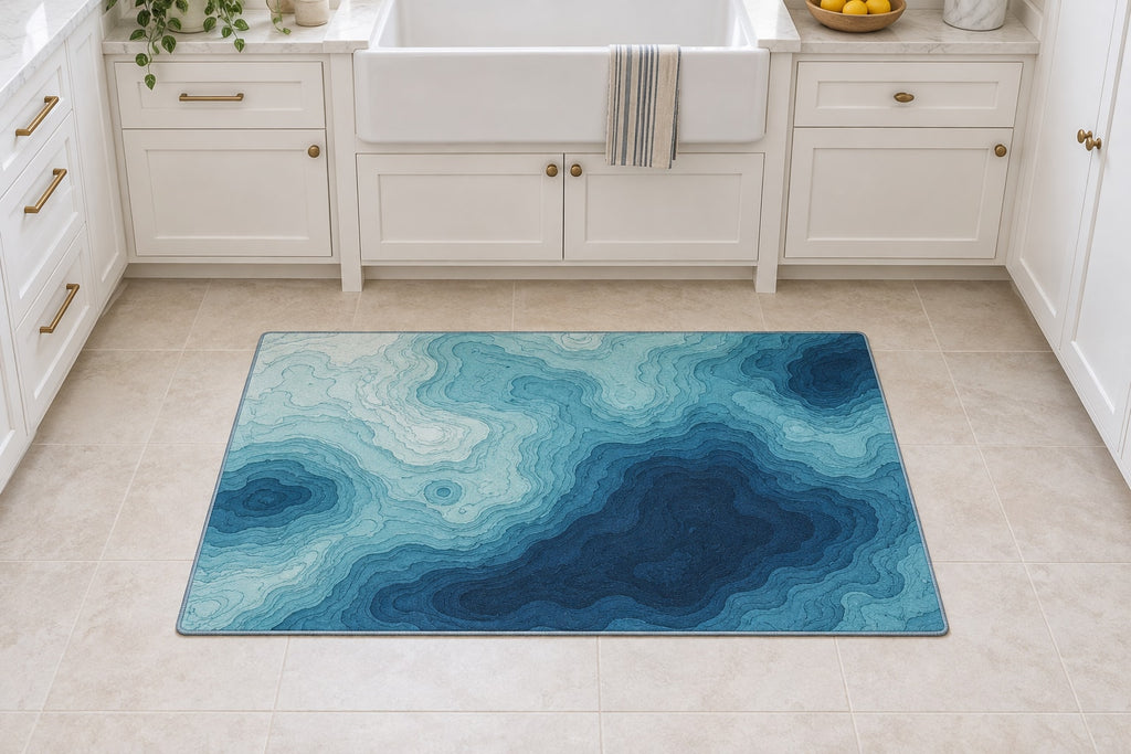 Ocean Depth Contours Kitchen Rug with dimensional printed themed artwork; representative AI-generated mockup.