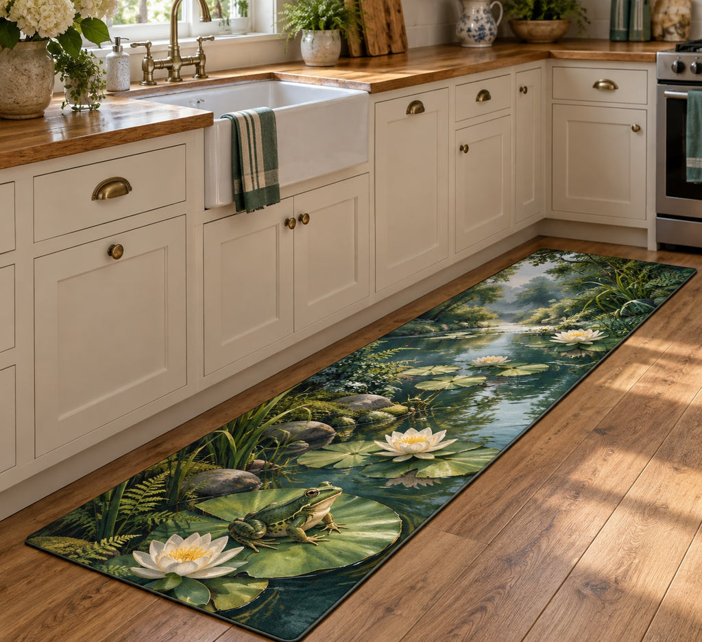 Frog Pond Kitchen Rug with dimensional printed themed artwork; representative AI-generated mockup.