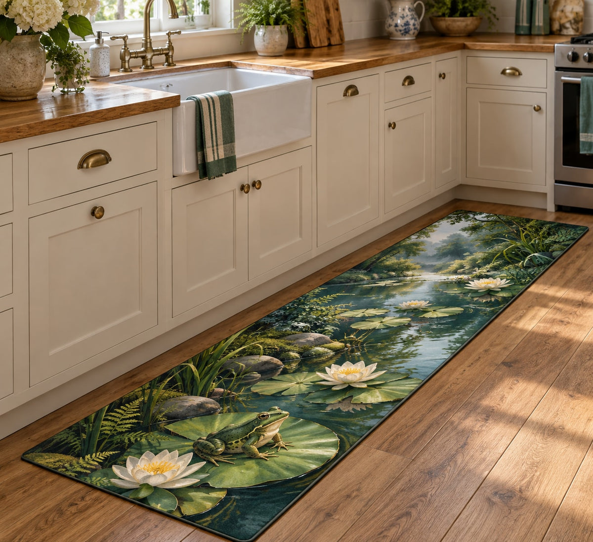 Frog Pond Kitchen Rug with dimensional printed themed artwork; representative AI-generated mockup.