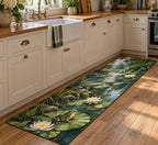 Frog Pond Kitchen Rug with dimensional printed themed artwork; representative AI-generated mockup.