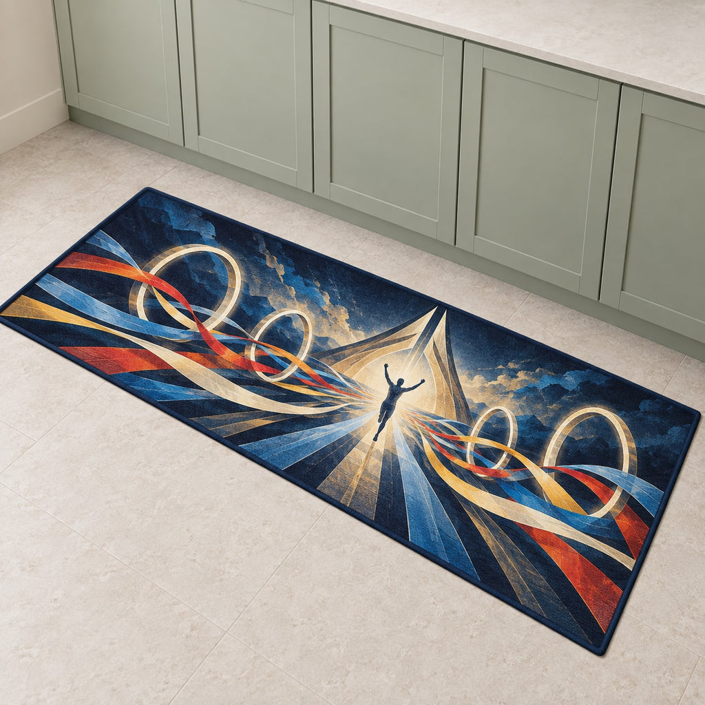 Cadence Crown Convergence Kitchen Rug with dimensional printed themed artwork; representative AI-generated mockup.