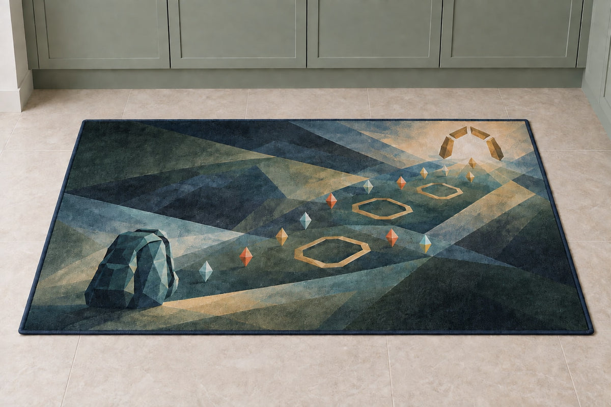 Wayglass Expedition Passage Kitchen Rug with dimensional printed themed artwork; representative AI-generated mockup.