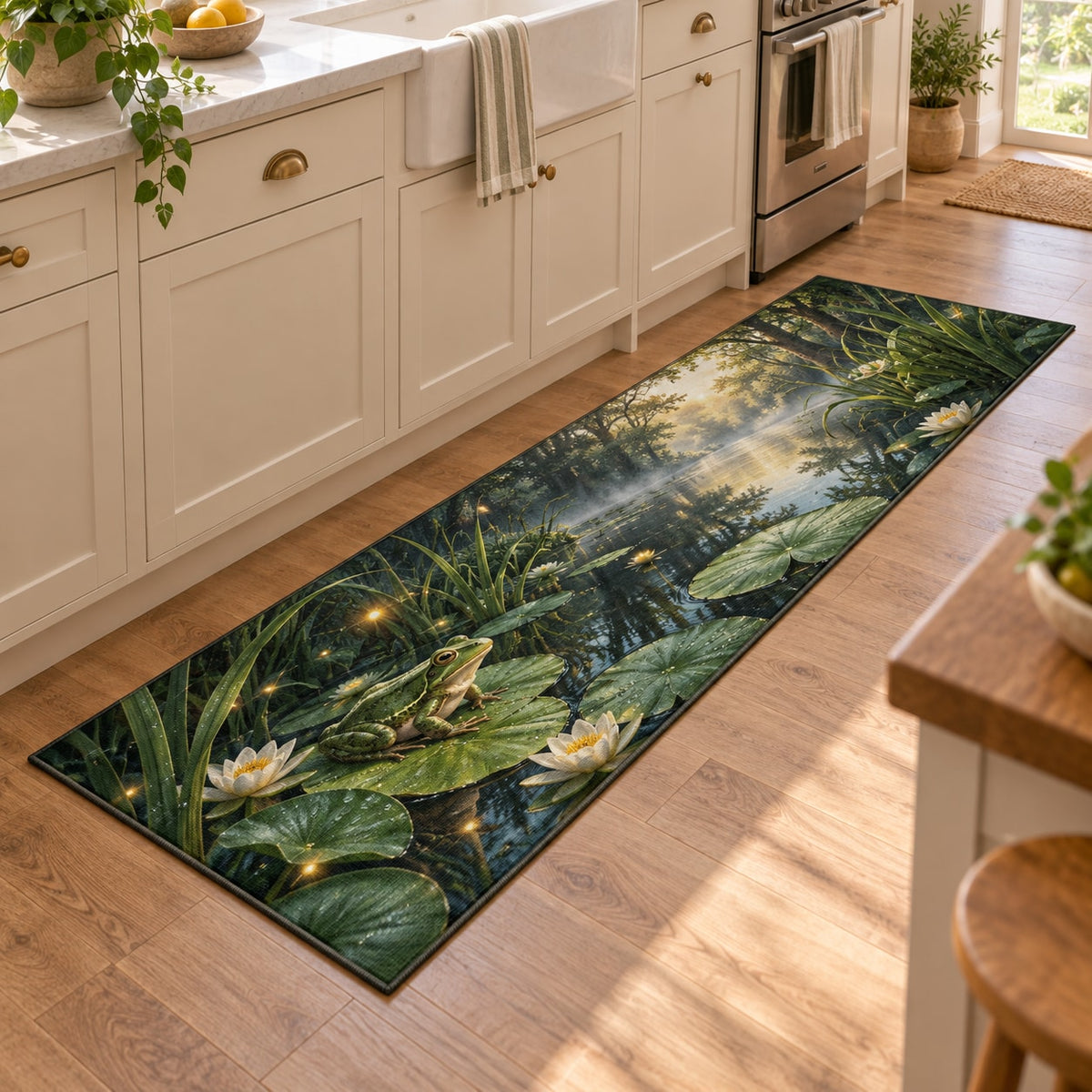 Enchanted Frog Pond Kitchen Rug with dimensional printed themed artwork; representative AI-generated mockup.