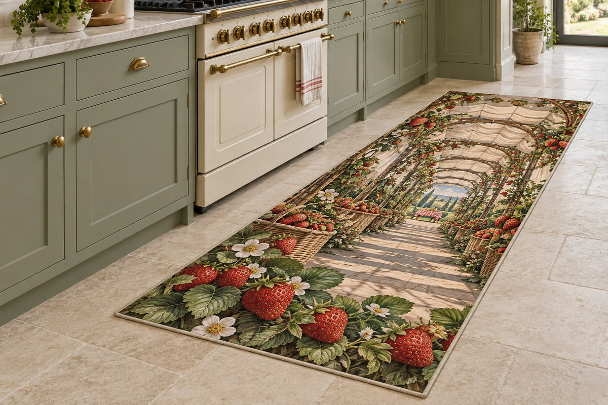 Strawberry Picnic Kitchen Rug with dimensional printed themed artwork; representative AI-generated mockup.