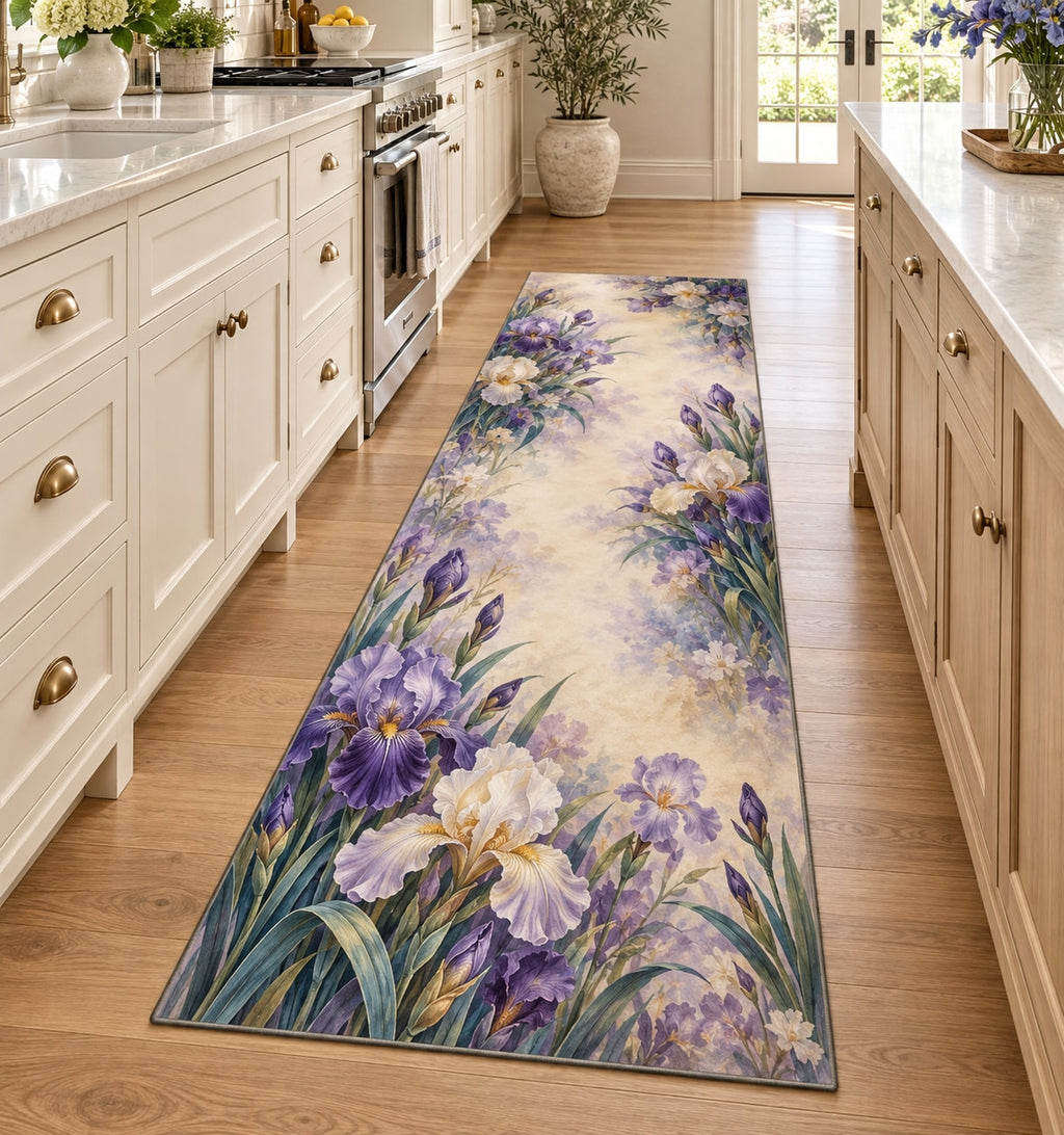 Iris Garden Kitchen Rug with dimensional printed themed artwork; representative AI-generated mockup.