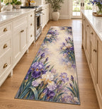 Iris Garden Kitchen Rug with dimensional printed themed artwork; representative AI-generated mockup.
