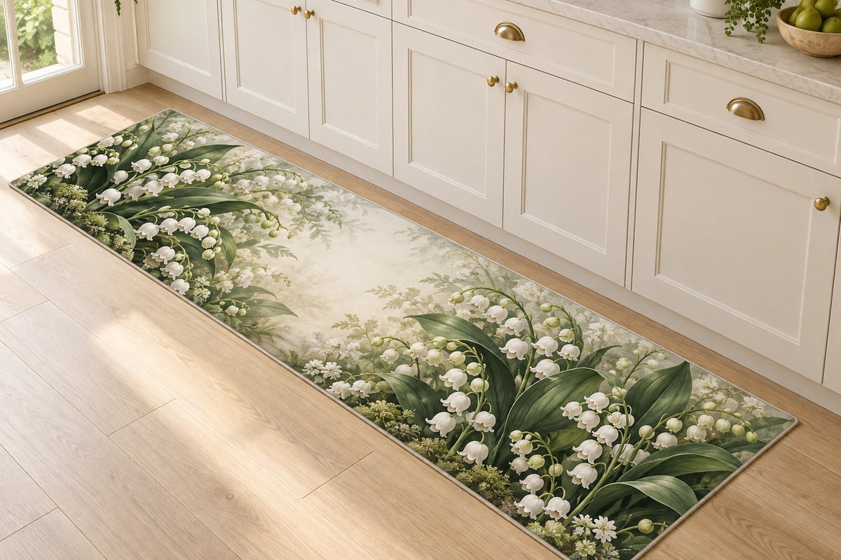 Lily of the Valley Kitchen Rug with dimensional printed themed artwork; representative AI-generated mockup.