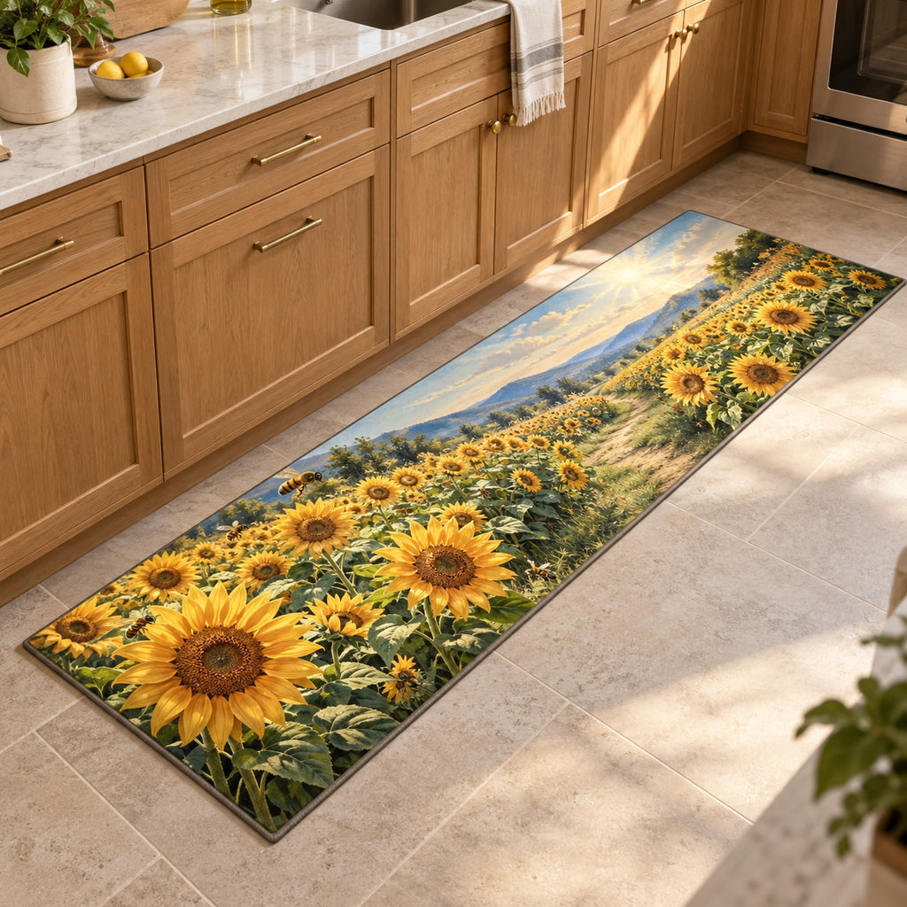 Sunflower Field Kitchen Rug with dimensional printed themed artwork; representative AI-generated mockup.