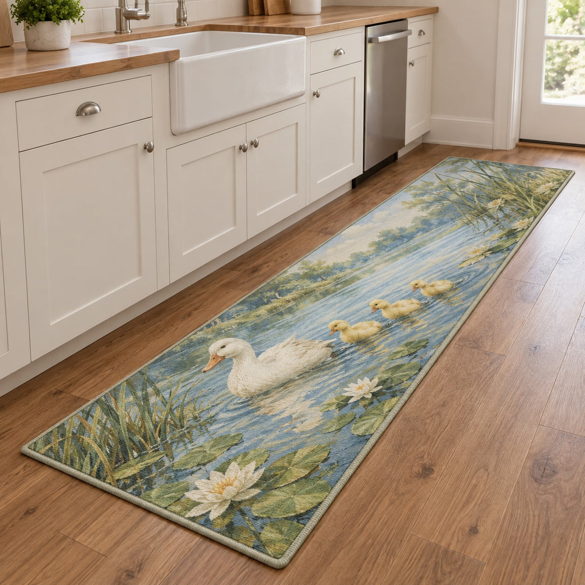 Duck Pond Friends Kitchen Rug with dimensional printed themed artwork; representative AI-generated mockup.