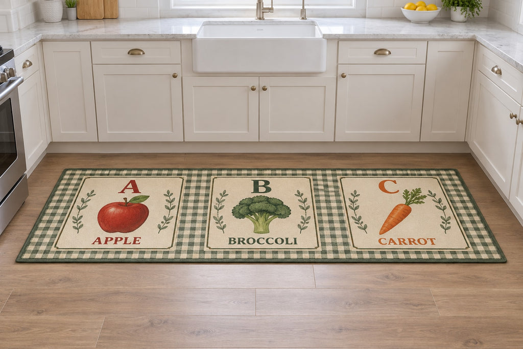 Fruit and Vegetable Alphabet Kitchen Rug with dimensional printed themed artwork; representative AI-generated mockup.