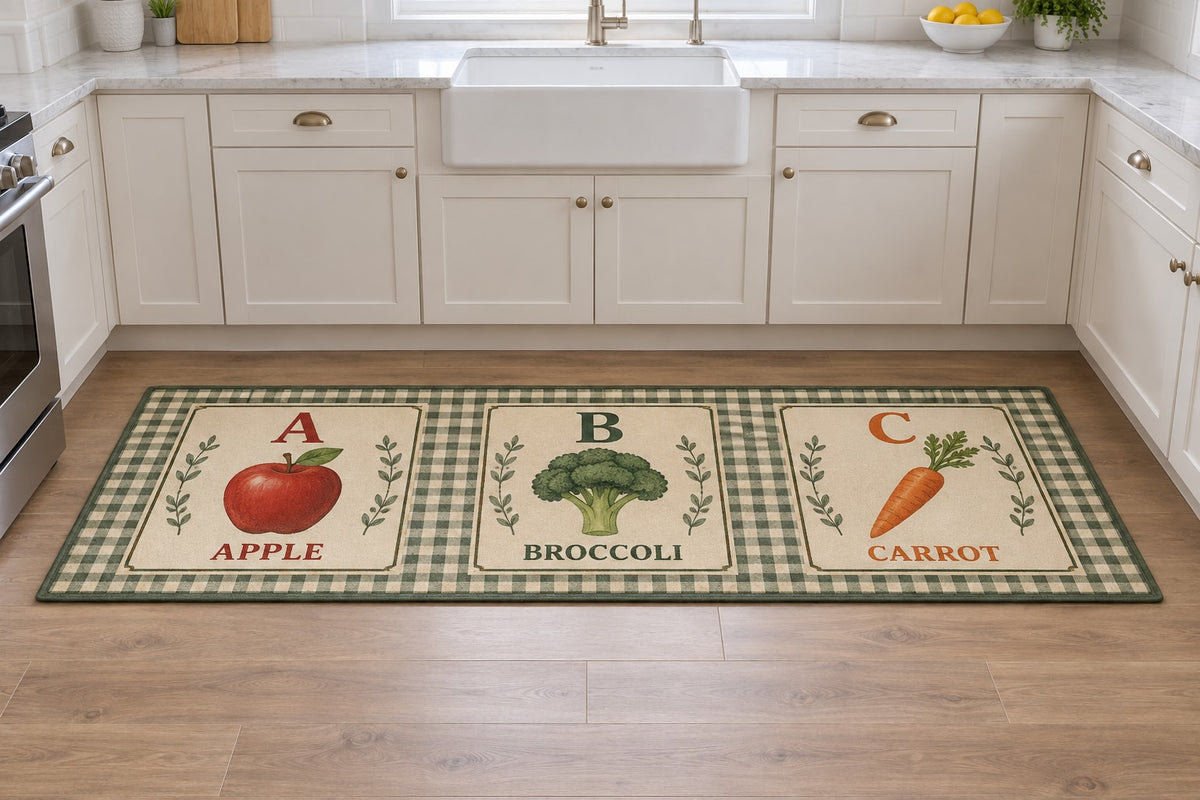 Fruit and Vegetable Alphabet Kitchen Rug with dimensional printed themed artwork; representative AI-generated mockup.