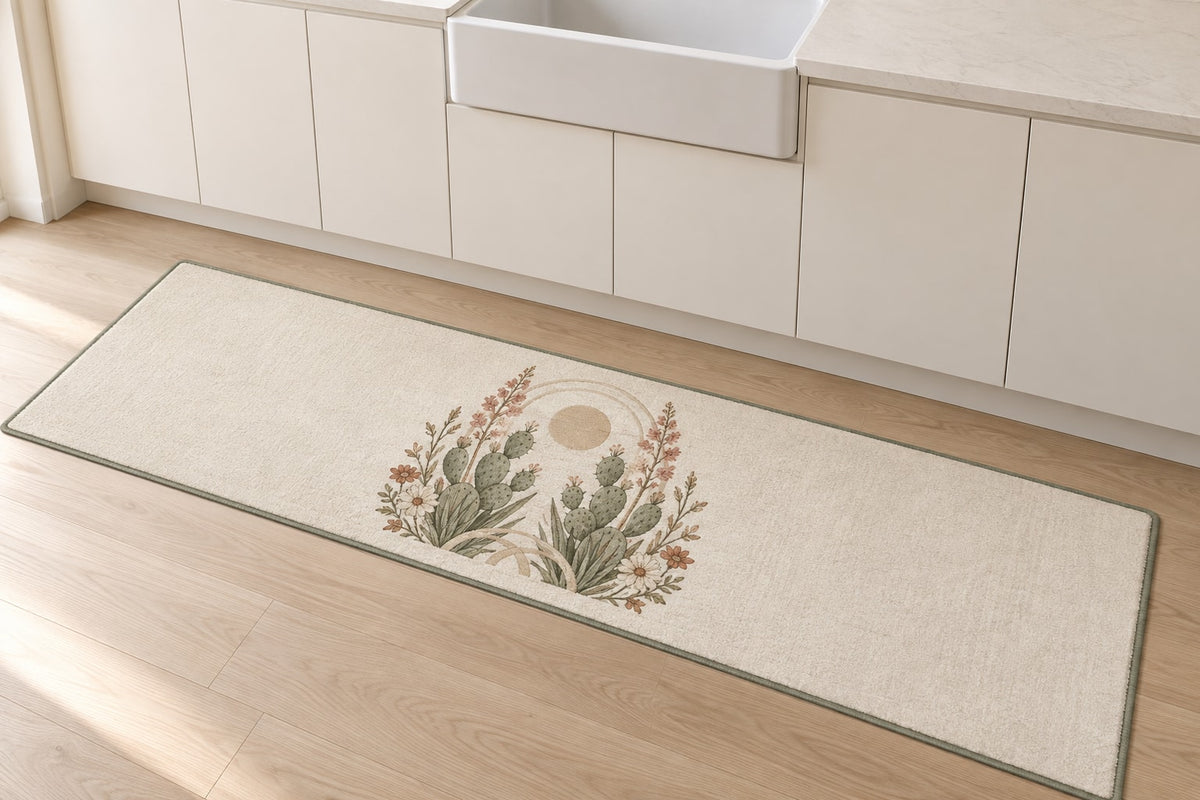 Desert Botanical Arch Kitchen Rug with dimensional printed themed artwork; representative AI-generated mockup.