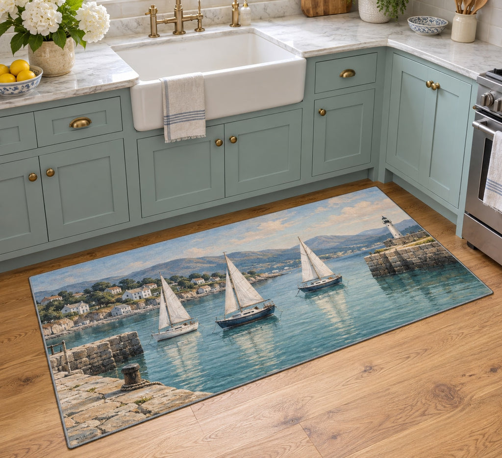 Sailboat Harbor Kitchen Rug with dimensional printed themed artwork; representative AI-generated mockup.