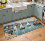 Sailboat Harbor Kitchen Rug with dimensional printed themed artwork; representative AI-generated mockup.