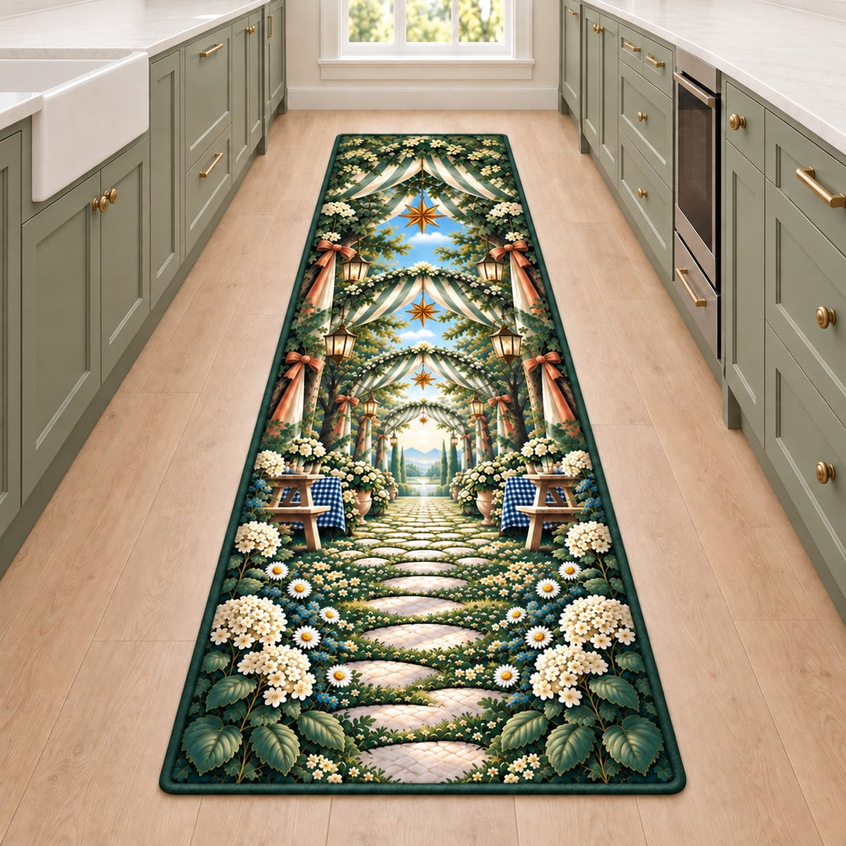 Reunion Picnic Grove Kitchen Rug with dimensional printed themed artwork; representative AI-generated mockup.