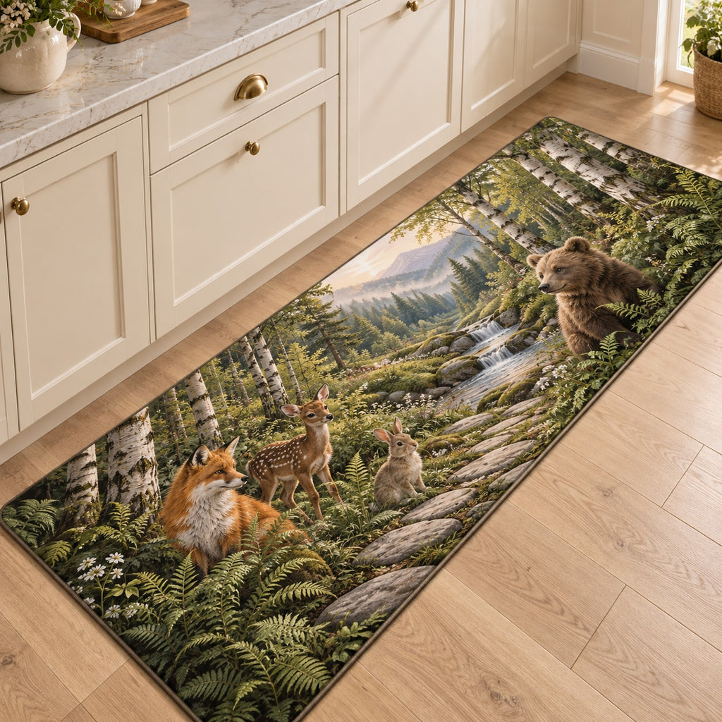 Woodland Animal Friends Kitchen Rug with dimensional printed themed artwork; representative AI-generated mockup.