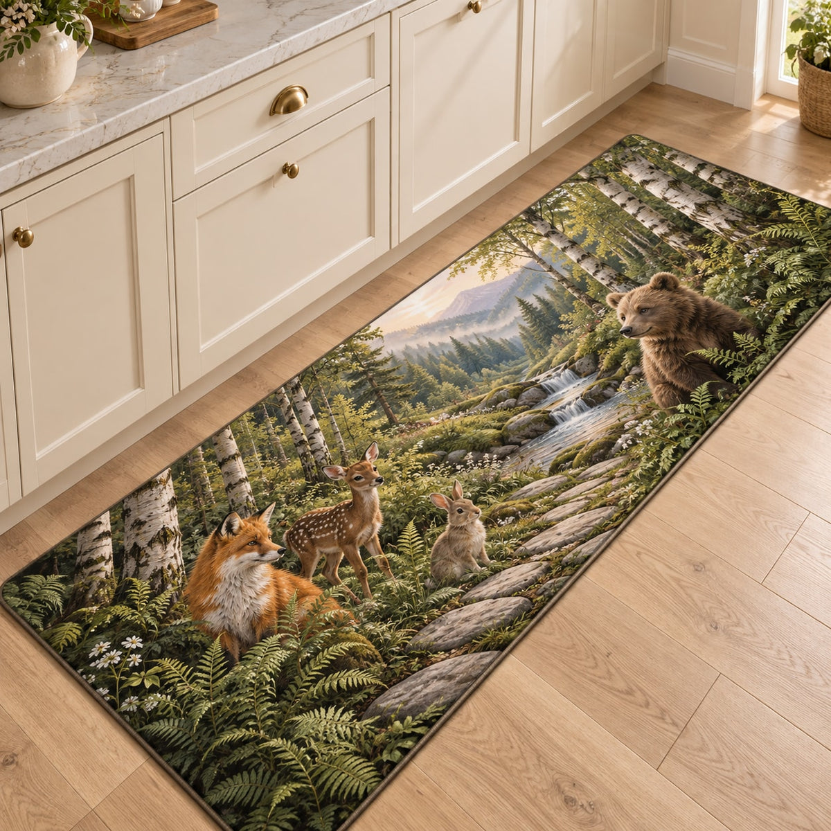 Woodland Animal Friends Kitchen Rug with dimensional printed themed artwork; representative AI-generated mockup.