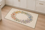 Rainbow Garden Celebration Wreath Kitchen Rug with dimensional printed themed artwork; representative AI-generated mockup.