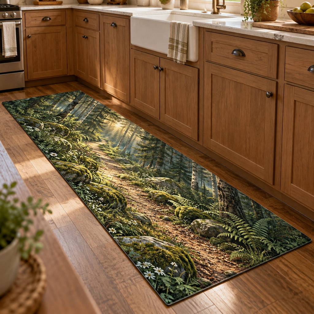 Forest Path Kitchen Rug with dimensional printed themed artwork; representative AI-generated mockup.