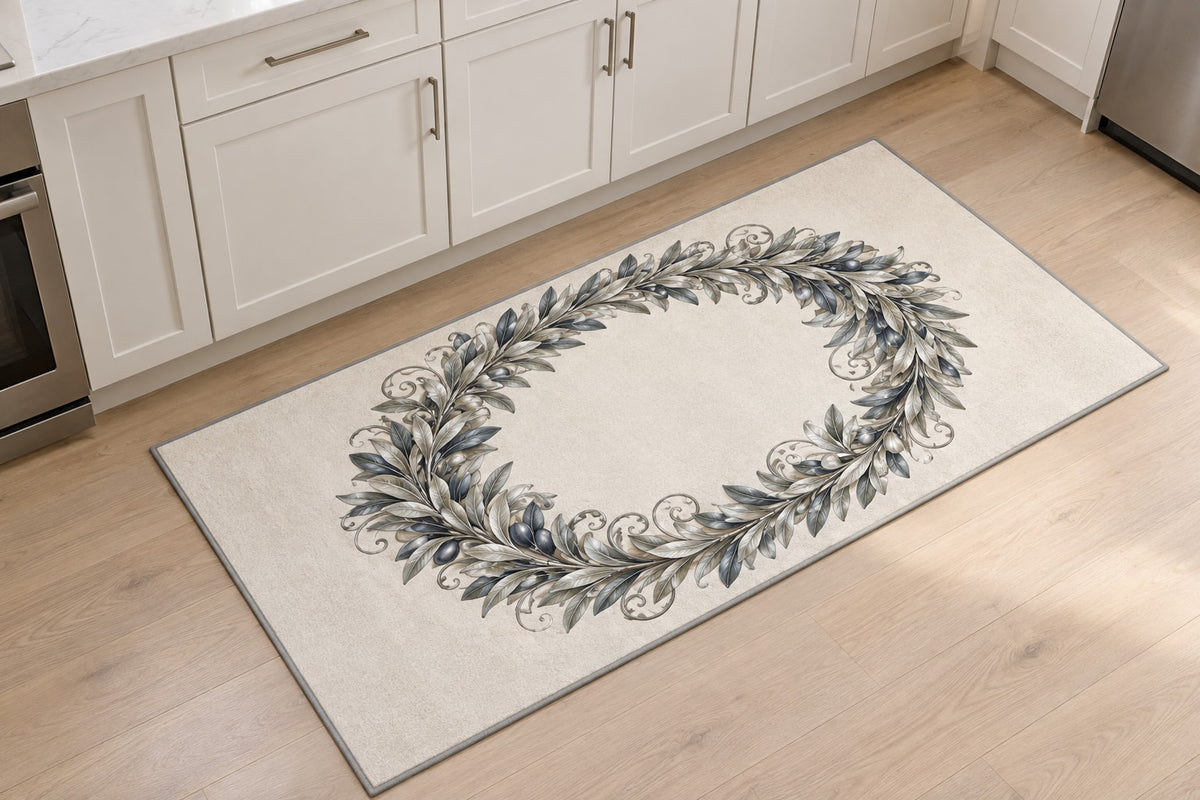 Silver Anniversary Olive Halo Kitchen Rug with dimensional printed themed artwork; representative AI-generated mockup.